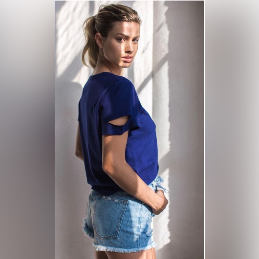 Brand New Blue Deconstructed Crew Neck Top, T-shirt. Size S